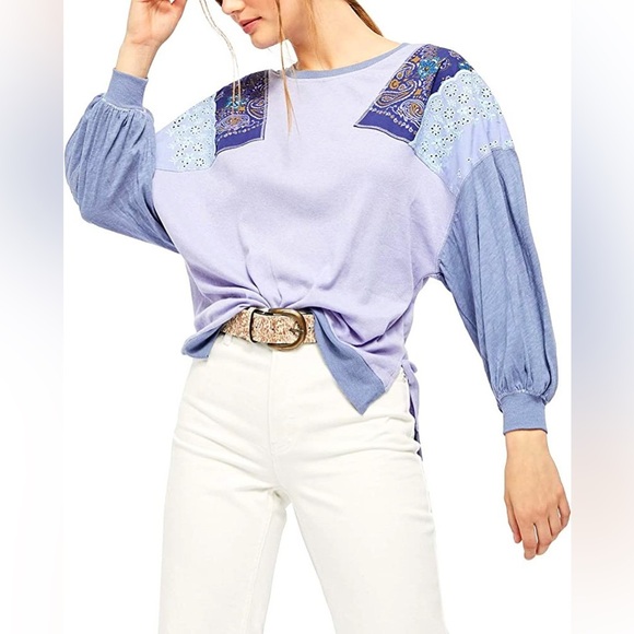 FREE PEOPLE | WE THE FREE FEELIN IT BOHO PATCHWORK SHIRT IN CORNFLOWER MEDIUM - Picture 2 of 7
